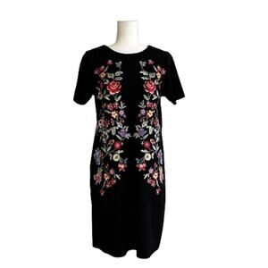 Chelsea & Theodore Dress Black Pink Embroidered Floral Short Sleeve Shift Size 6